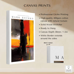 Mark Rothko Style Bold Black and Yellow Abstract Canvas Art Print on display with informative features.