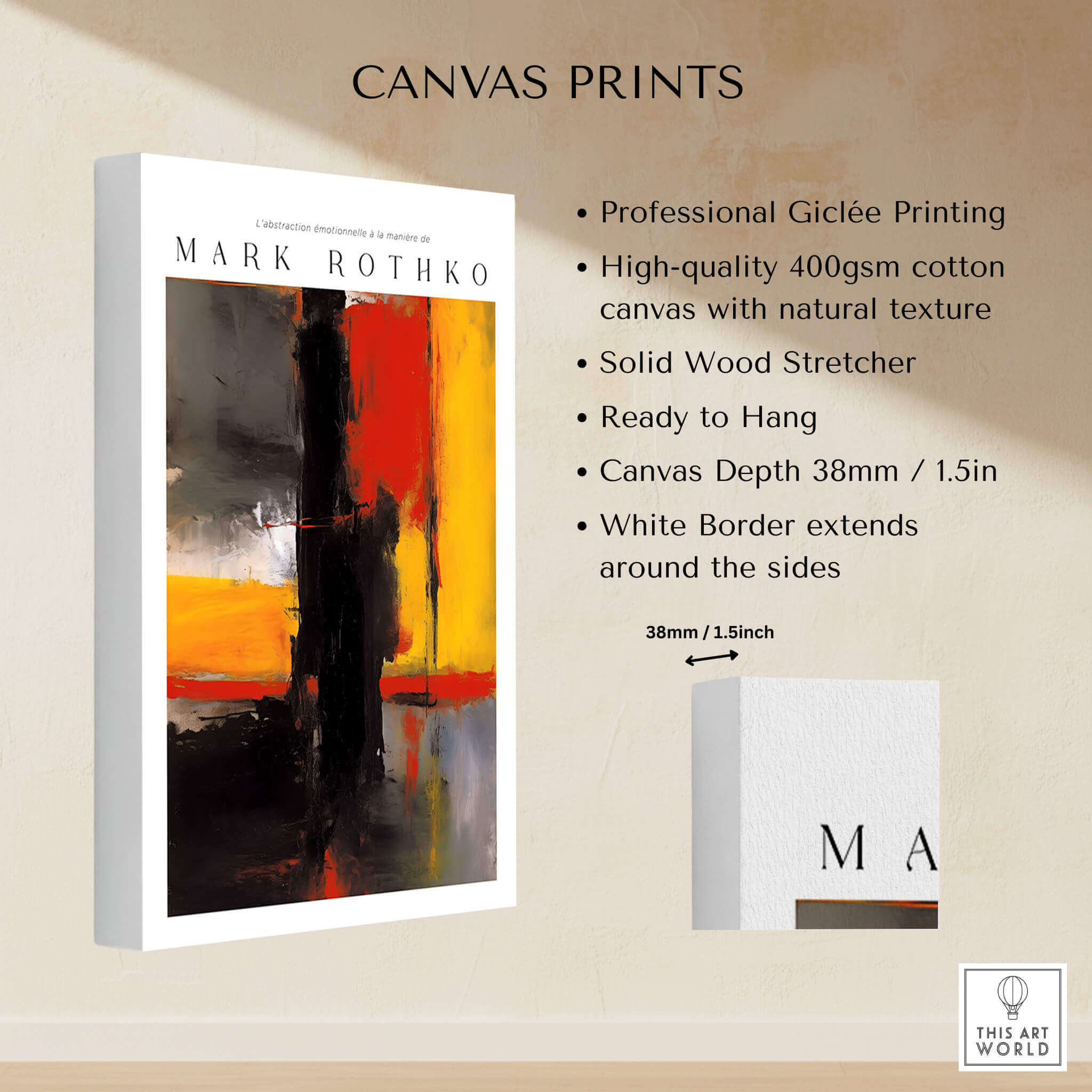 Mark Rothko Style Bold Black and Yellow Abstract Canvas Art Print on display with informative features.