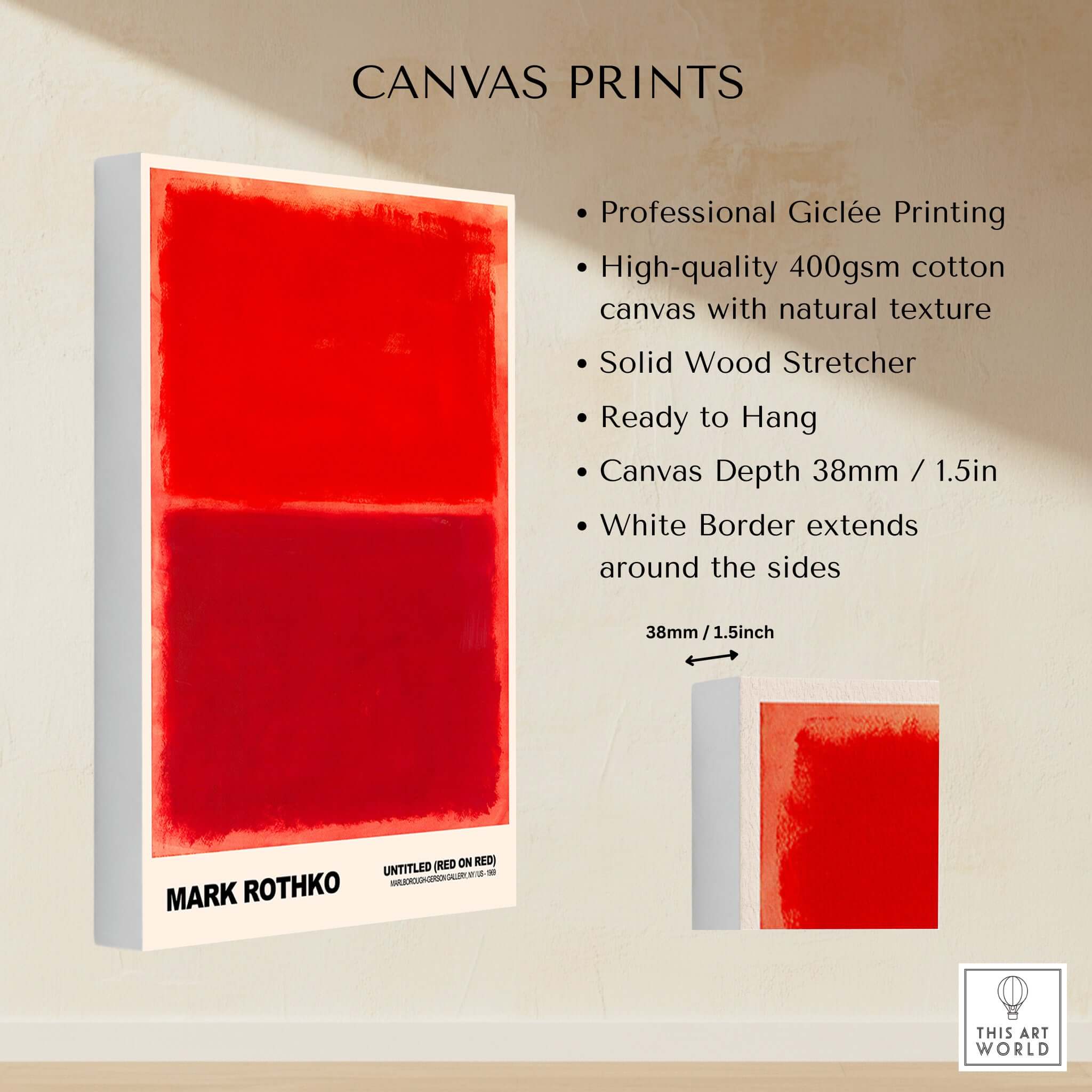 Mark Rothko Untitled Red on Red 1969 Abstract Art Print Color Field Painting Poster on canvas with white border.