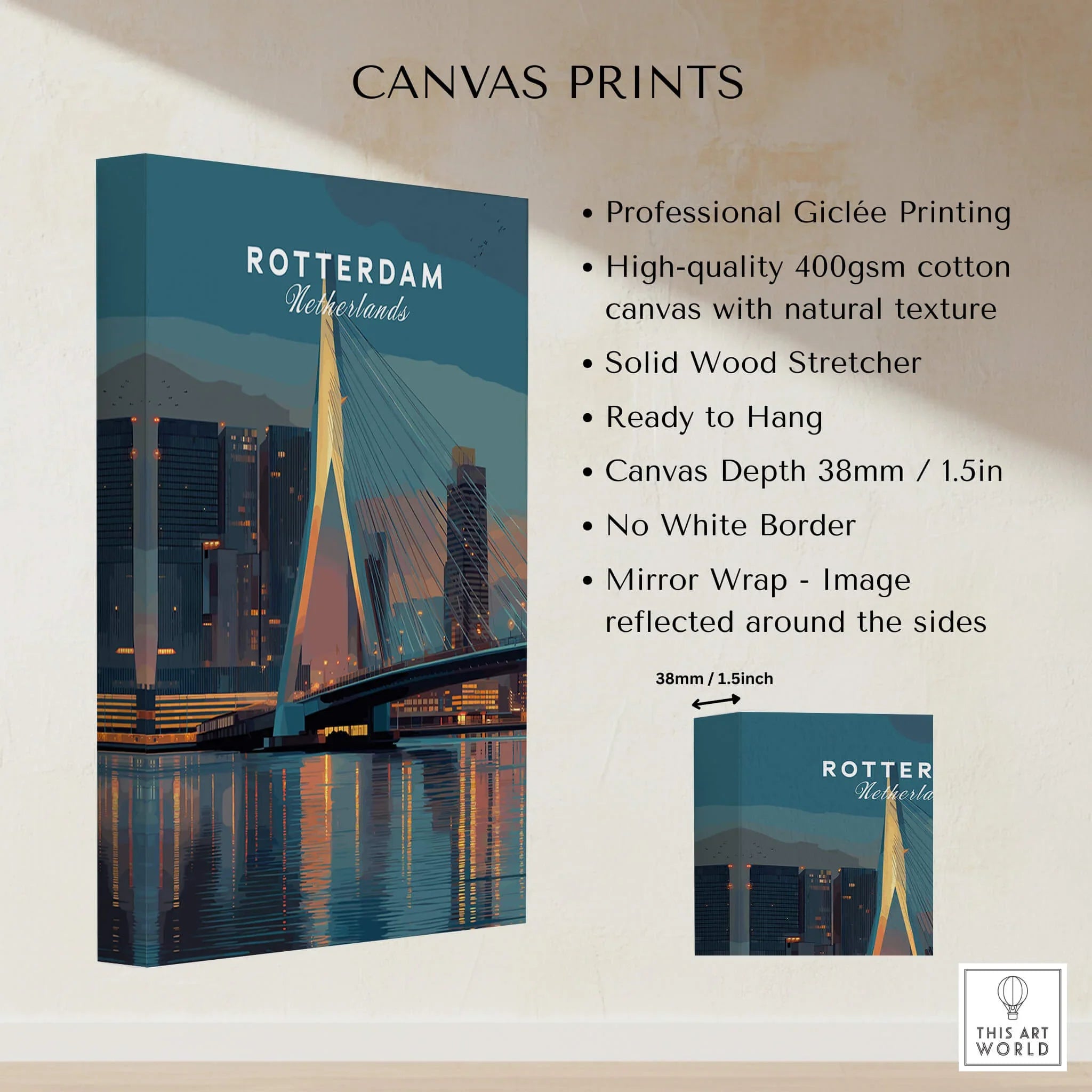 Rotterdam Netherlands city skyline canvas print with bridge, wall art details shown