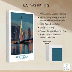 Rotterdam bridge canvas wall art with city skyline, cotton texture, white border, ready to hang