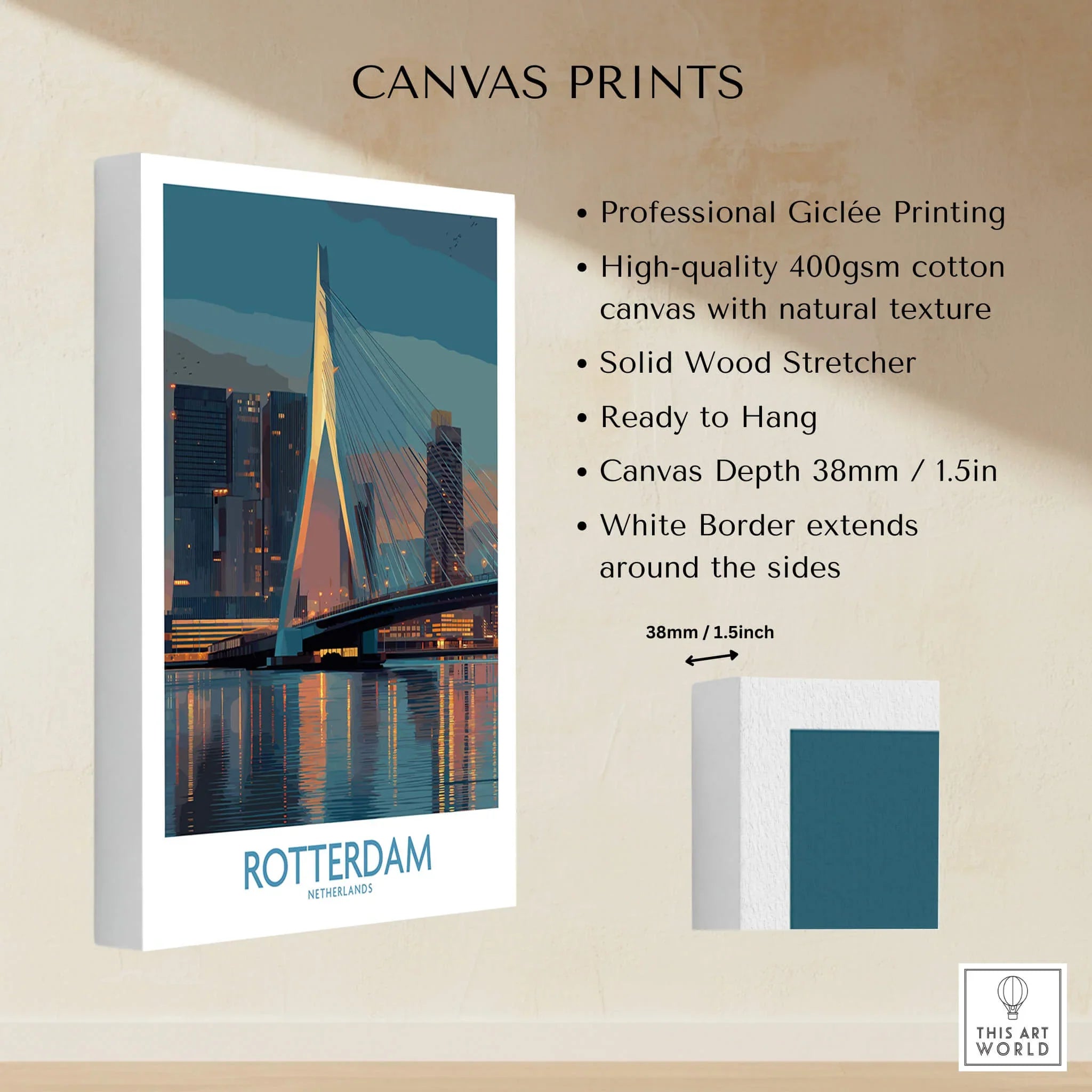 Rotterdam bridge canvas wall art with city skyline, cotton texture, white border, ready to hang
