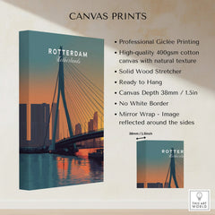 Stretched canvas print featuring Rotterdam city skyline at sunset with bridge and water reflection.