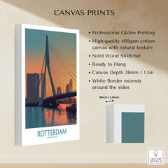 Stretched cotton canvas print of Rotterdam skyline at sunset, with bridge, ready to hang.