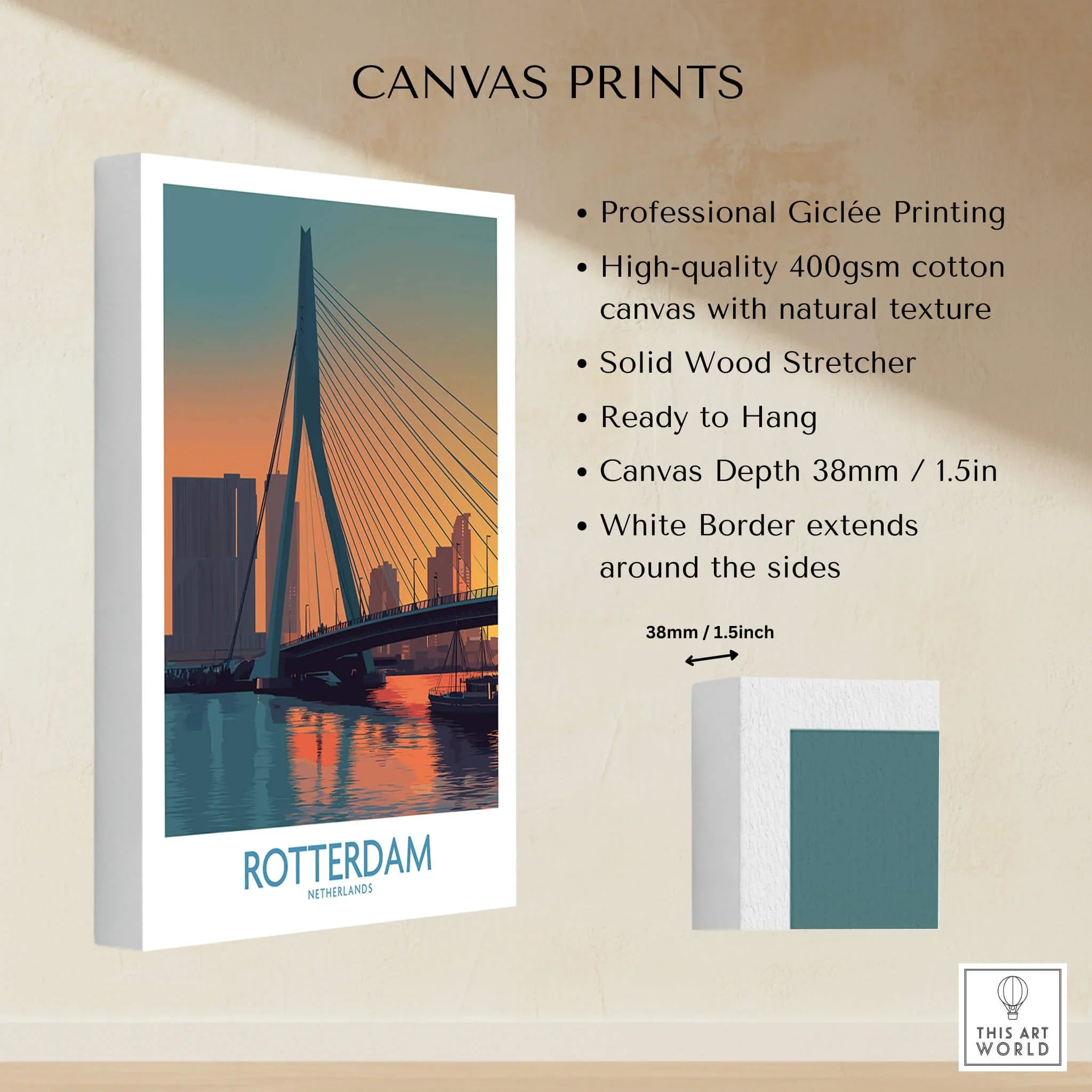Stretched cotton canvas print of Rotterdam skyline at sunset, with bridge, ready to hang.