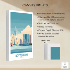 Rotterdam city skyline canvas print with bridge, gallery wrap, and product feature details.