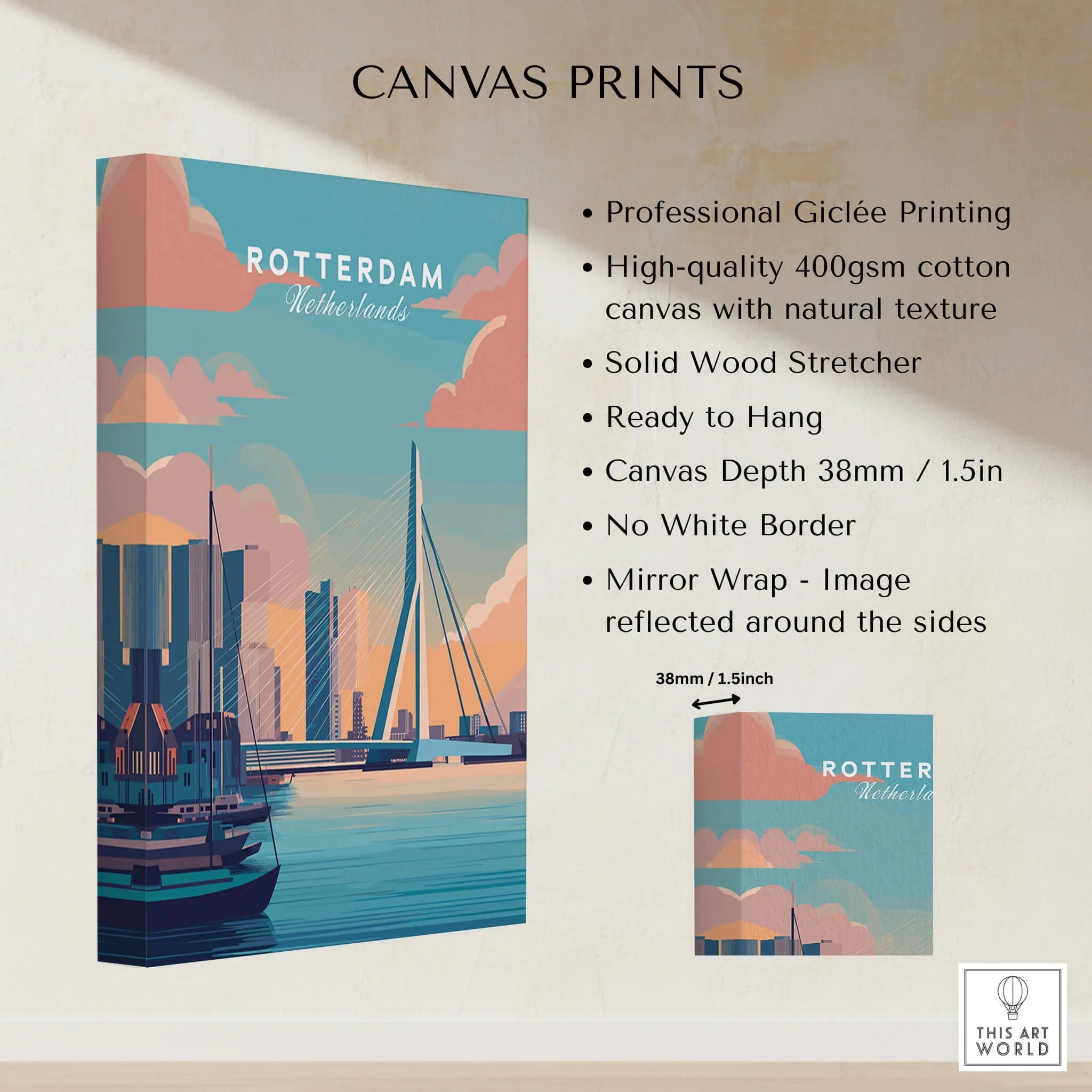 Rotterdam skyline canvas print with pastel cityscape, cotton texture, and mirror wrap edges