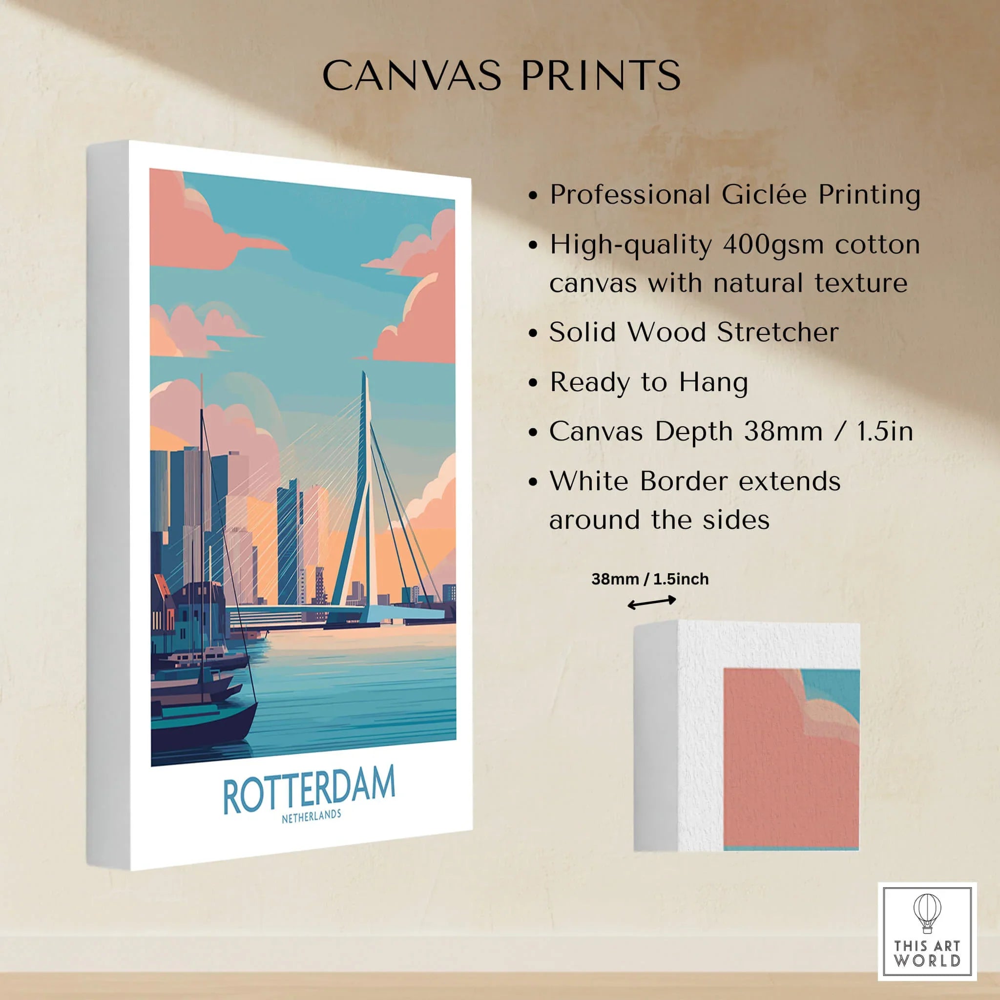 Rotterdam city skyline canvas print with bridge, cotton texture and white border details