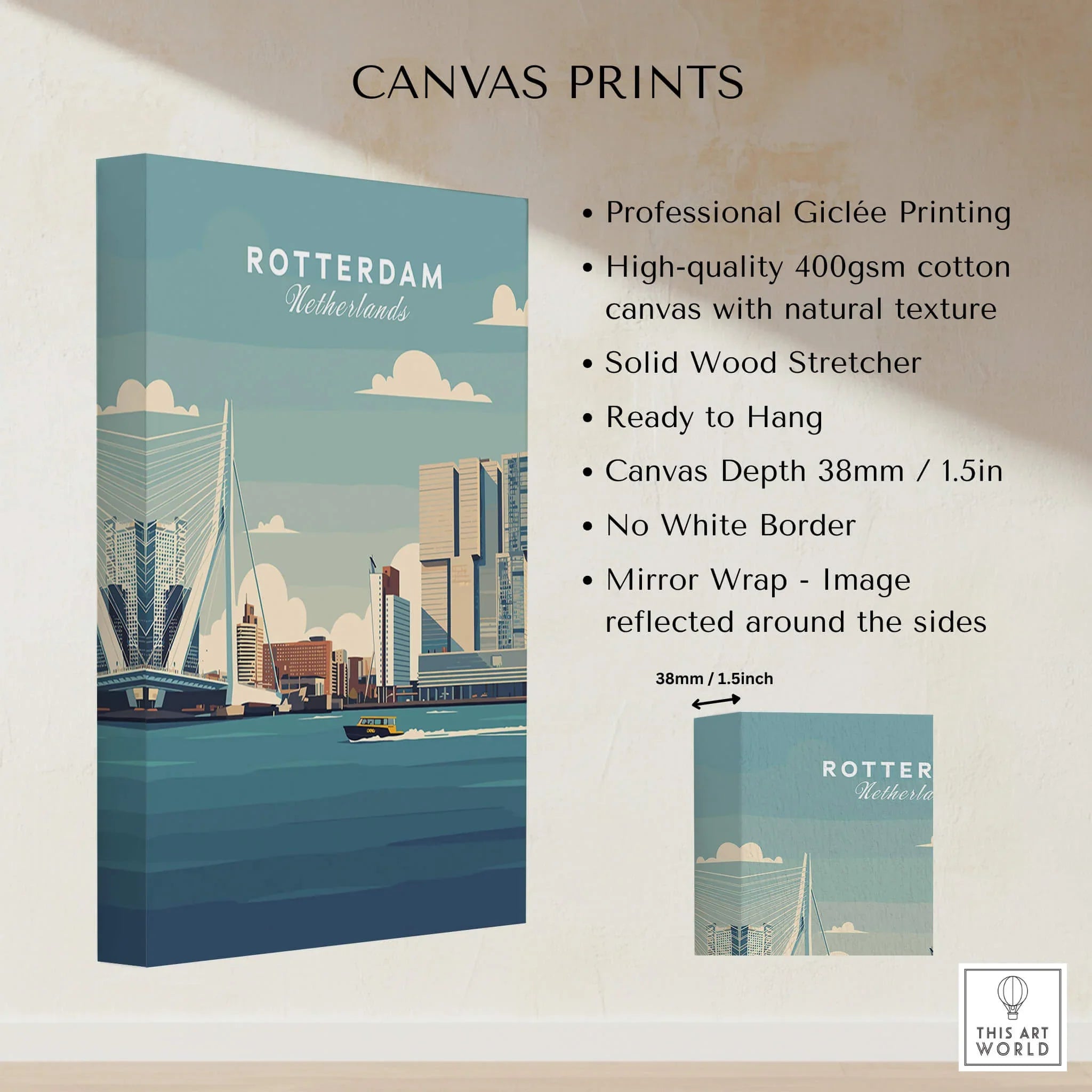 Rotterdam city skyline canvas print with bridge and river, cotton canvas wall art, ready to hang