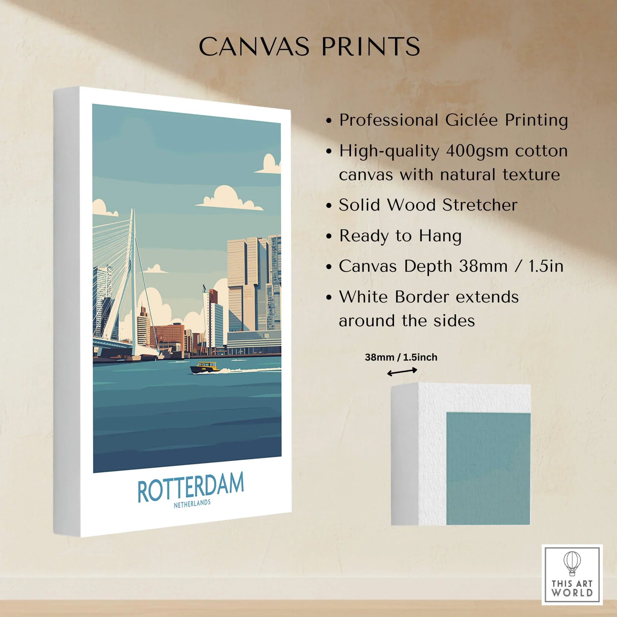 Rotterdam city skyline stretched cotton canvas print with white border, ready to hang