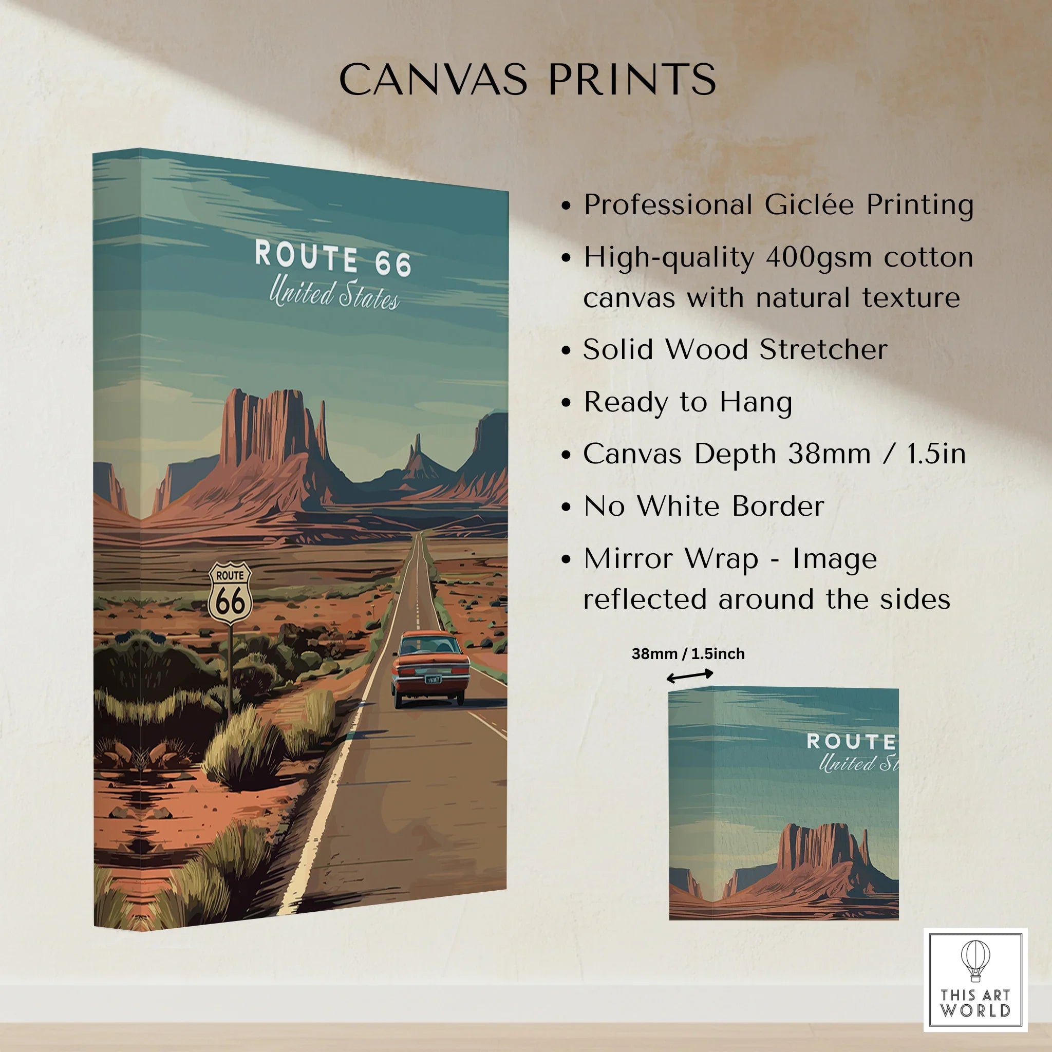 Route 66 canvas print with vintage car, desert landscape, and monument rock formations