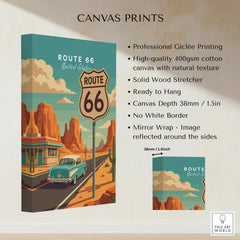 Route 66 canvas wall art with vintage car, desert landscape, and product details