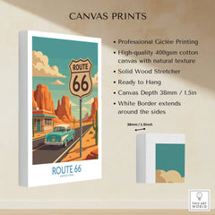 Route 66 wall art canvas print with vintage car, desert landscape, and white border.