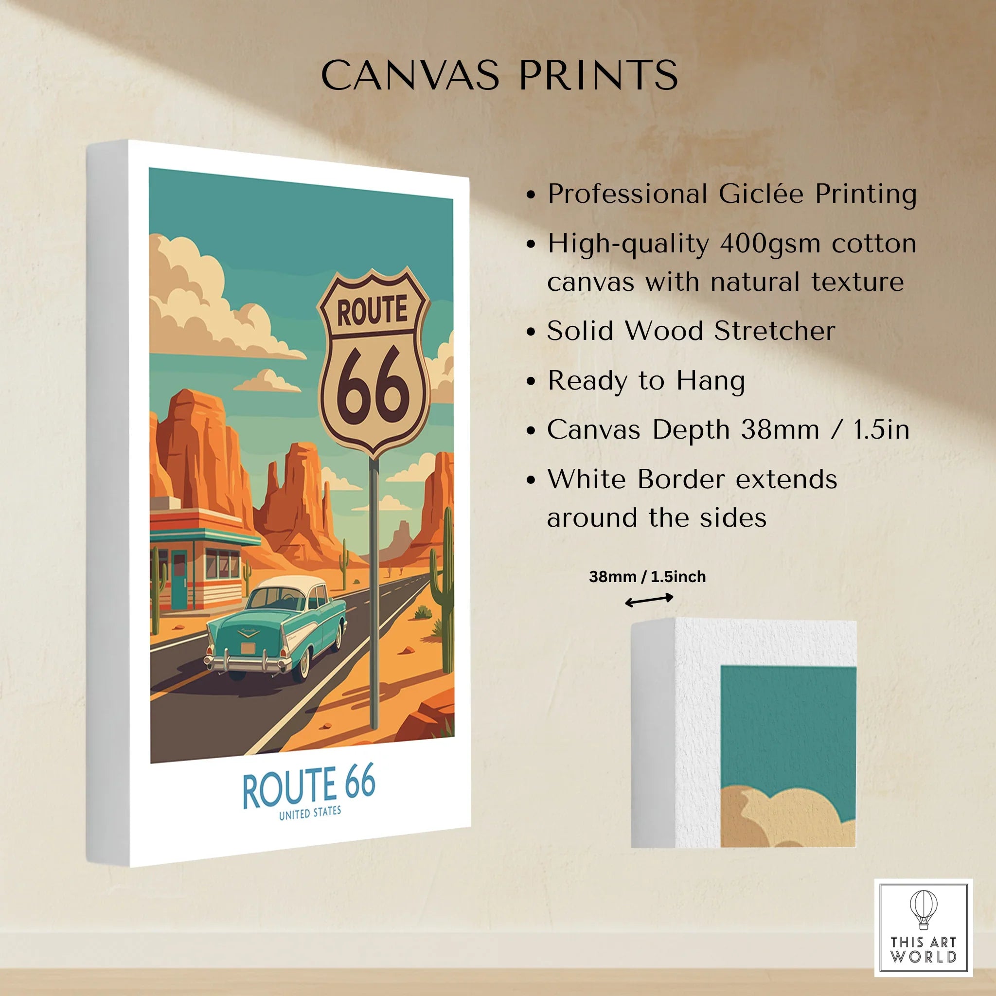 Route 66 wall art canvas print with vintage car, desert landscape, and white border.