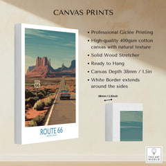 Route 66 wall art canvas print with classic car, desert landscape, and mountain view