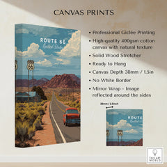 Route 66 canvas print with vintage car, mountains, blue sky, and roadside landscape.
