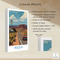 Route 66 canvas print with vintage car, desert landscape, and mountain view, wall art details
