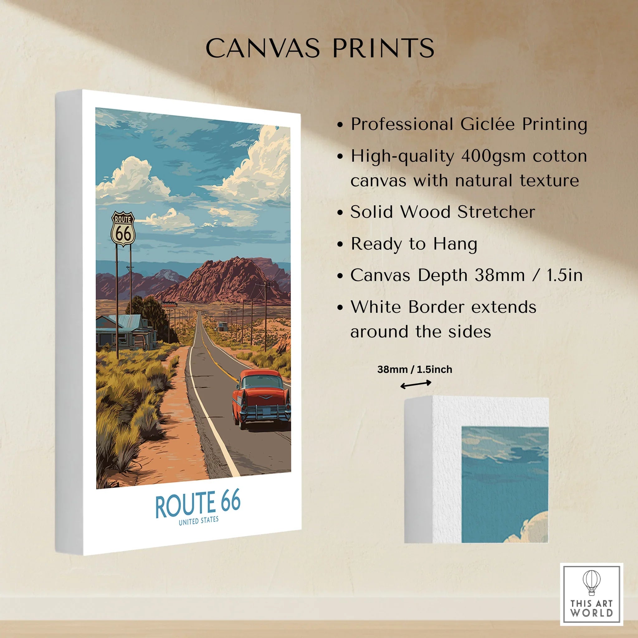 Route 66 canvas print with vintage car, desert landscape, and mountain view, wall art details