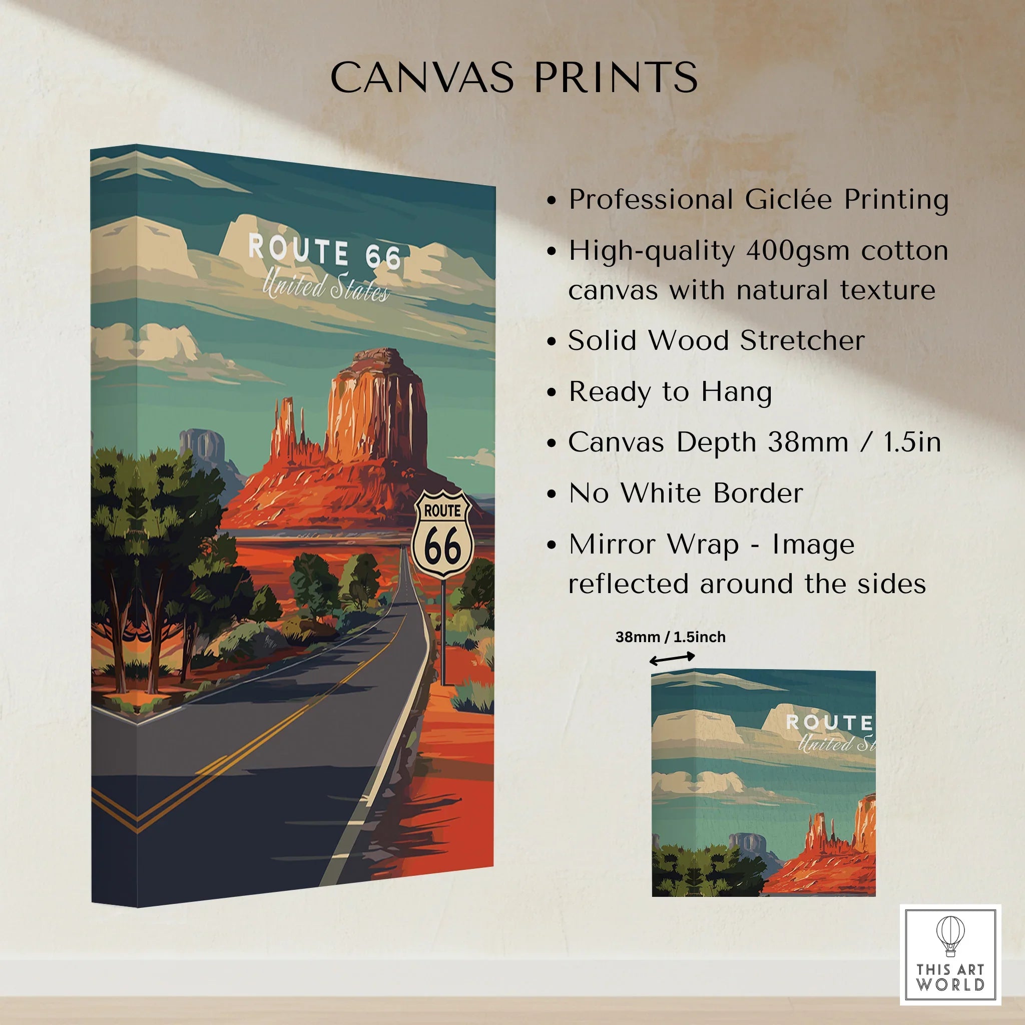 Route 66 canvas print with desert landscape, stretched cotton, ready to hang wall art