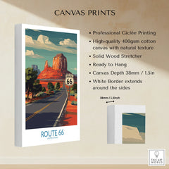 Route 66 canvas print featuring scenic desert landscape and butte, ready to hang wall art
