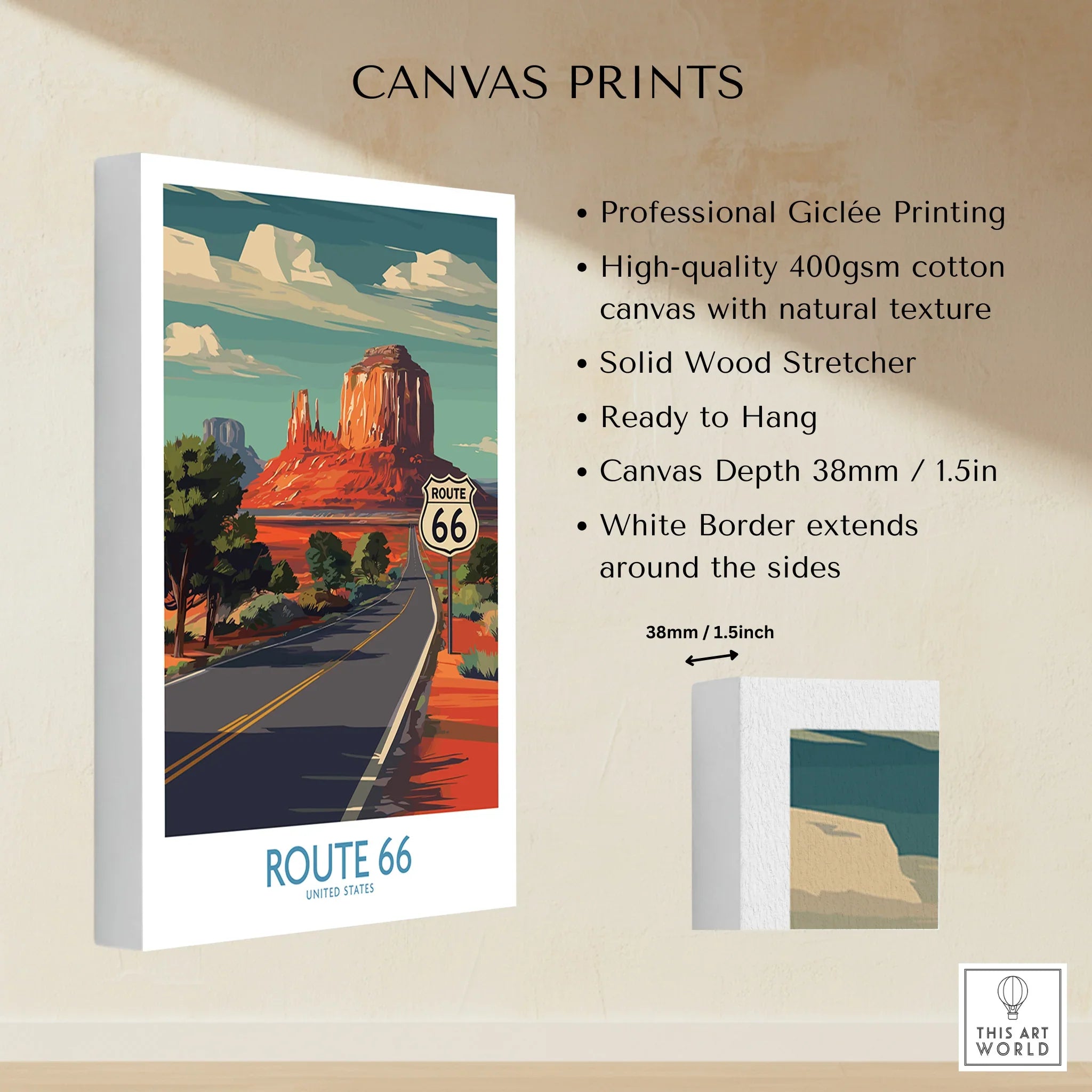 Route 66 canvas print featuring scenic desert landscape and butte, ready to hang wall art