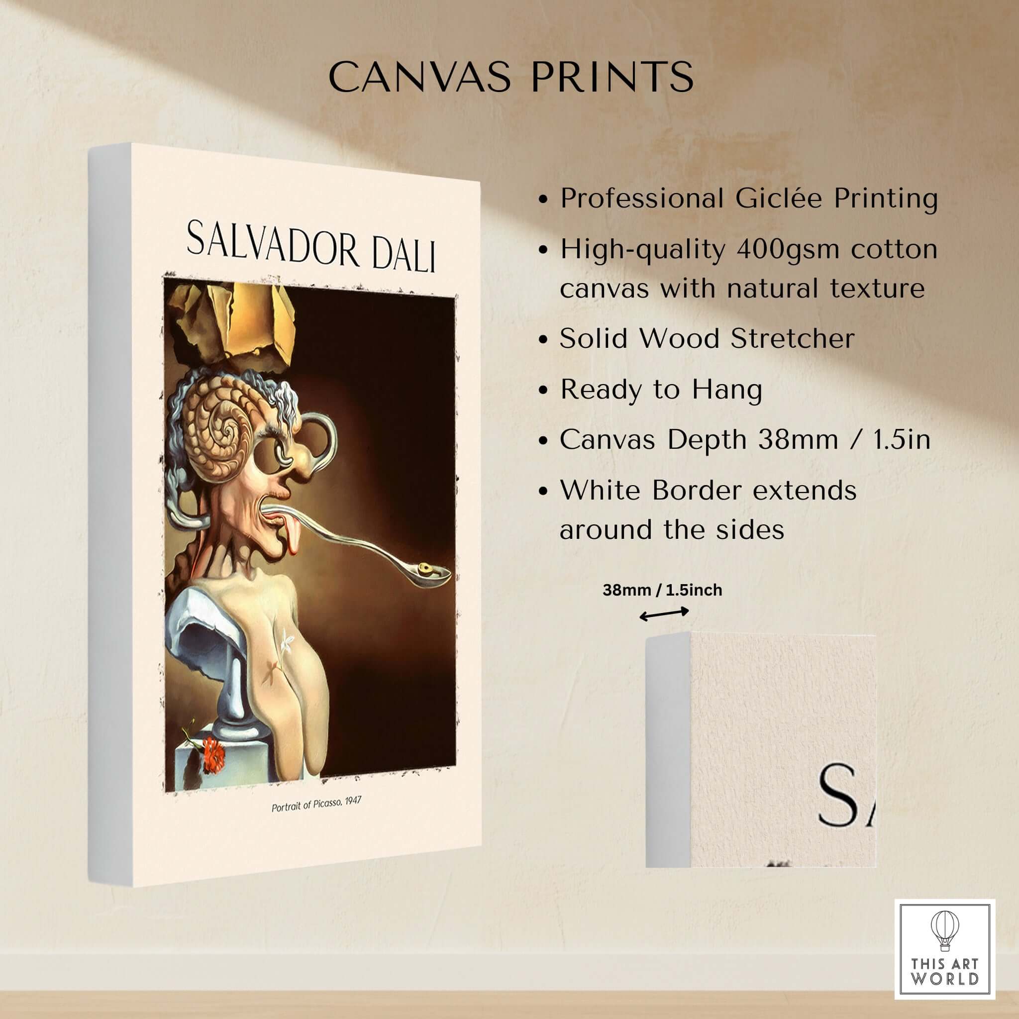 Salvador Dali Portrait of Picasso 1947 Surrealist Art Print Grotesque Poster on canvas print with details.