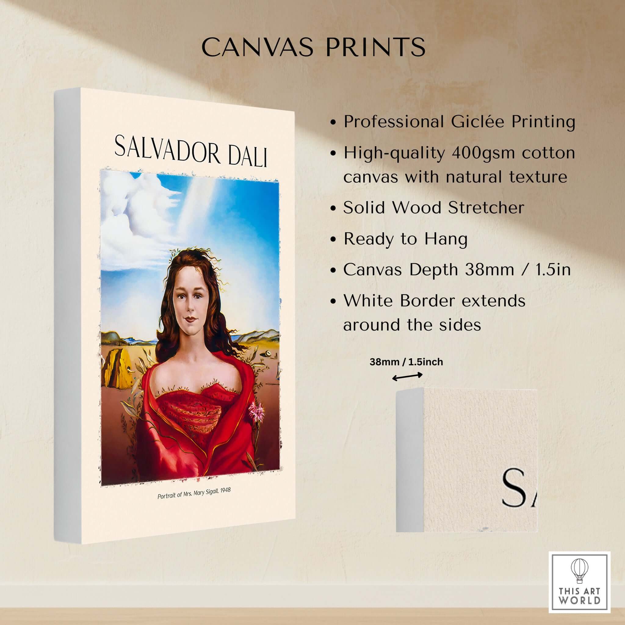 Salvador Dali Portrait Mrs Mary Sigall 1948 Surrealist Woman Art Print Poster on canvas with professional Giclée printing.