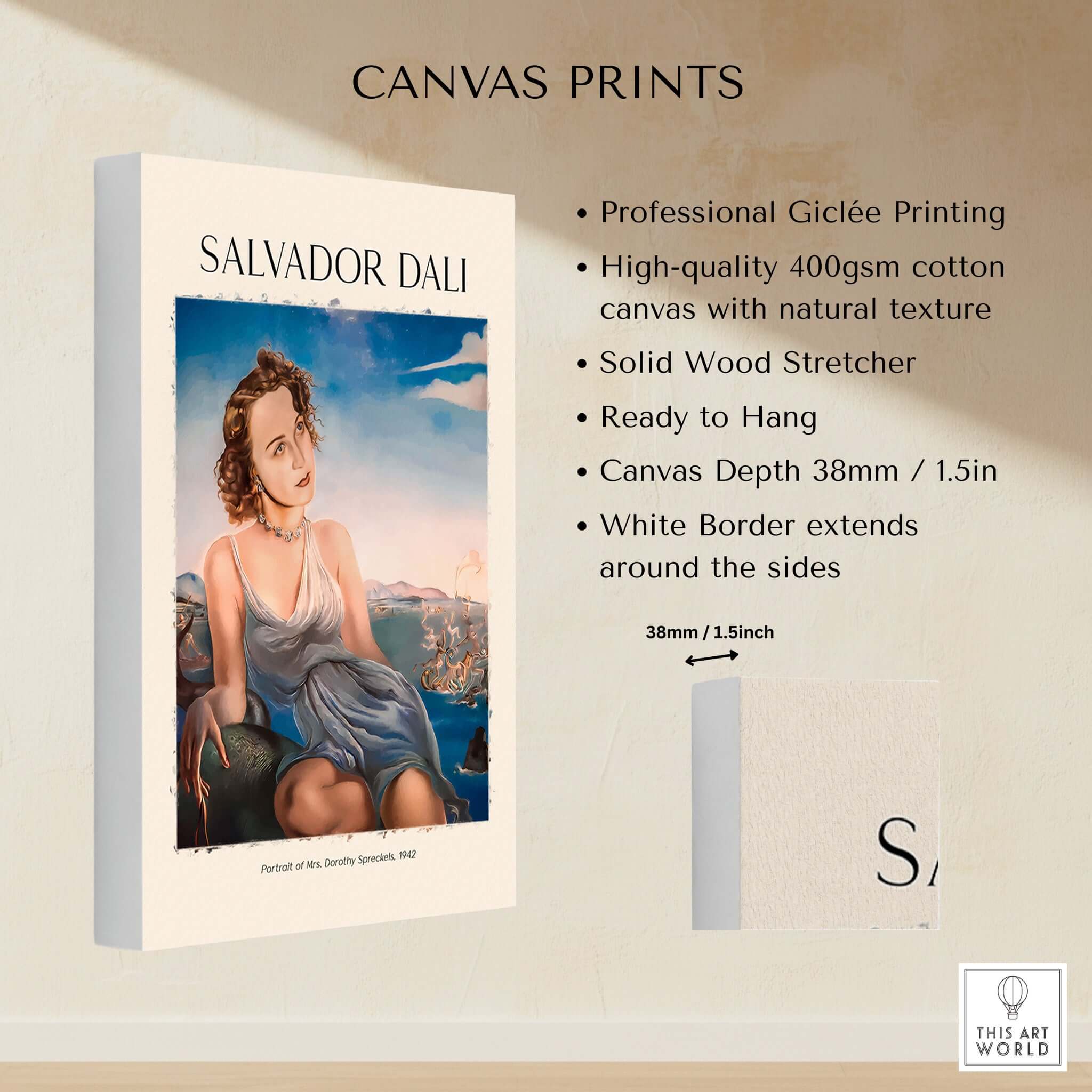 Salvador Dali Portrait Mrs Dorothy Spreckels 1942 Surrealist Seascape Art Print Poster on canvas with white border.