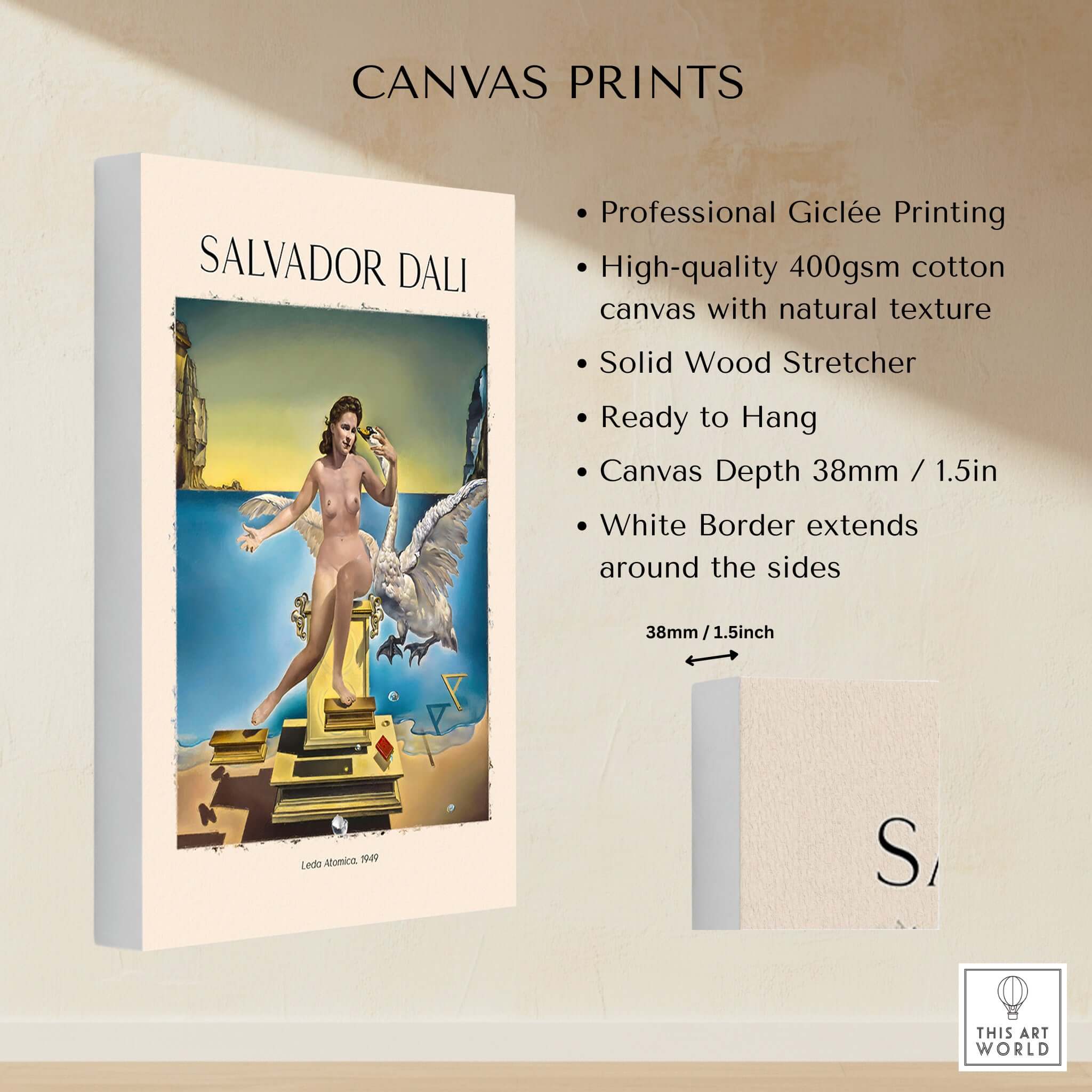 Salvador Dali Leda Atomica 1949 Surrealist Mythology Art Print Swan Poster Nuclear Mysticism canvas print on display.