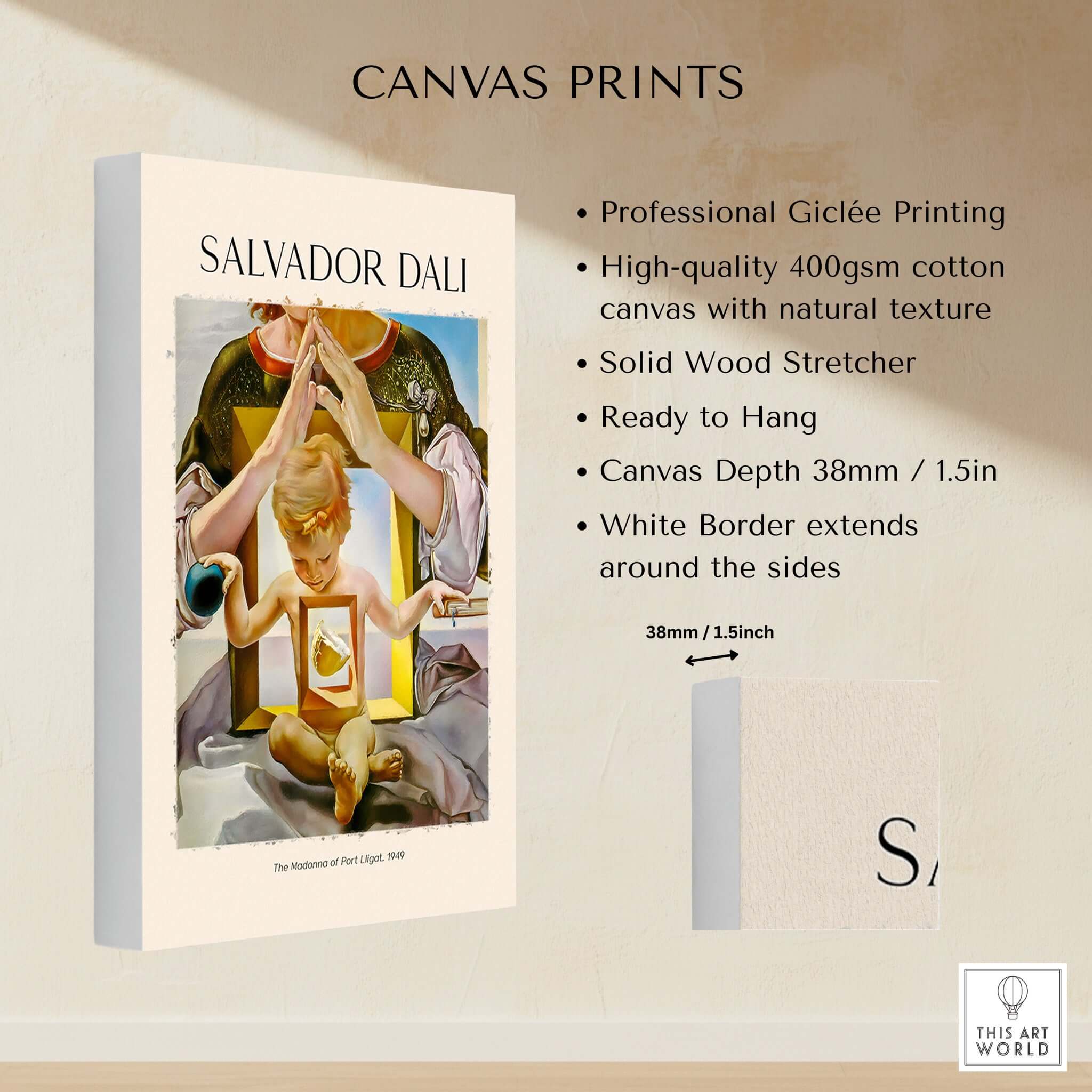 Salvador Dali Madonna Port Lligat 1949 Surrealist Religious Art Print Poster Gala on canvas, ready to hang with natural texture.