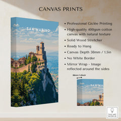 San Marino Wall Art Print | Mount Titano Citadel Travel Poster on display highlighting details and quality.
