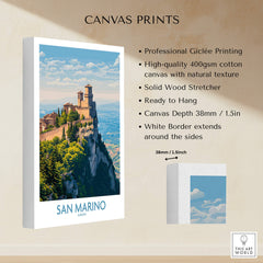 San Marino Poster | Canvas Print featuring a stunning cliffside view of the fortress and surrounding landscape.
