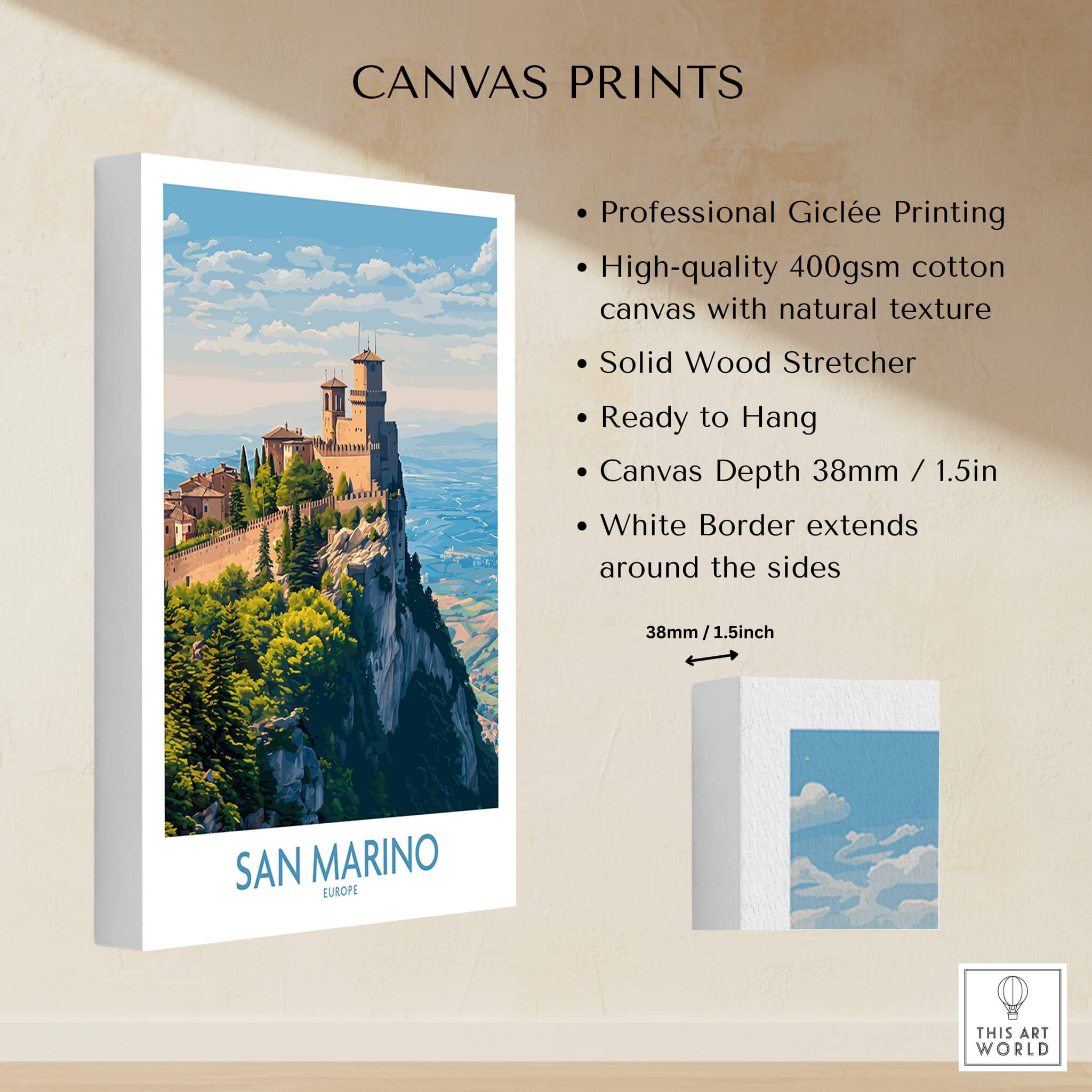 San Marino Poster | Canvas Print featuring a stunning cliffside view of the fortress and surrounding landscape.