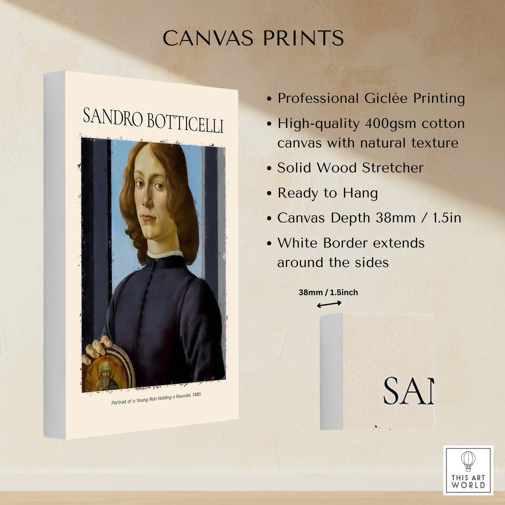 Botticelli Portrait of a Young Man Roundel 1480 Art Print Renaissance Florentine Poster canvas print showcasing detail.