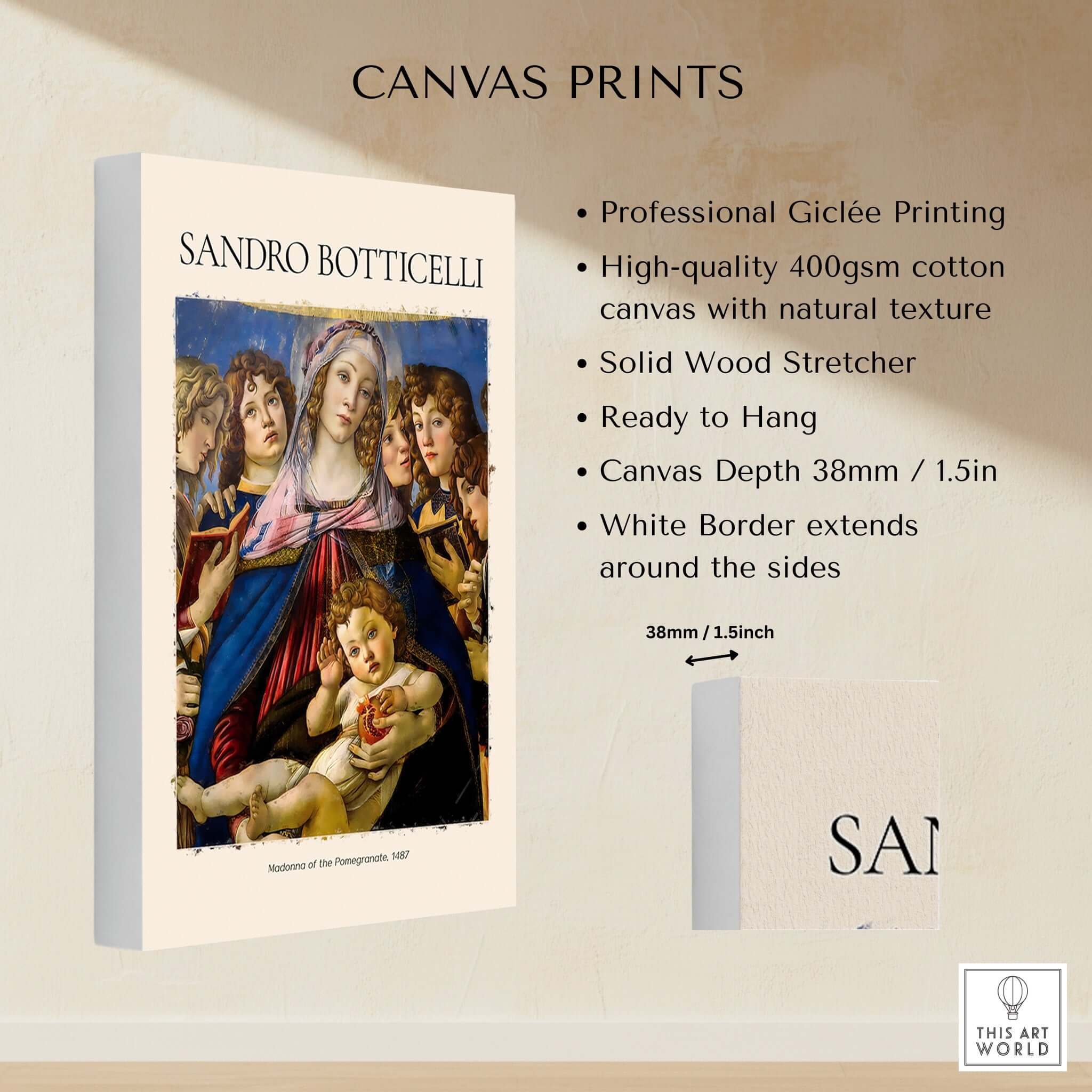 Botticelli Madonna of the Pomegranate Art Print Religious Virgin Mary Child Poster Angels on high-quality canvas.