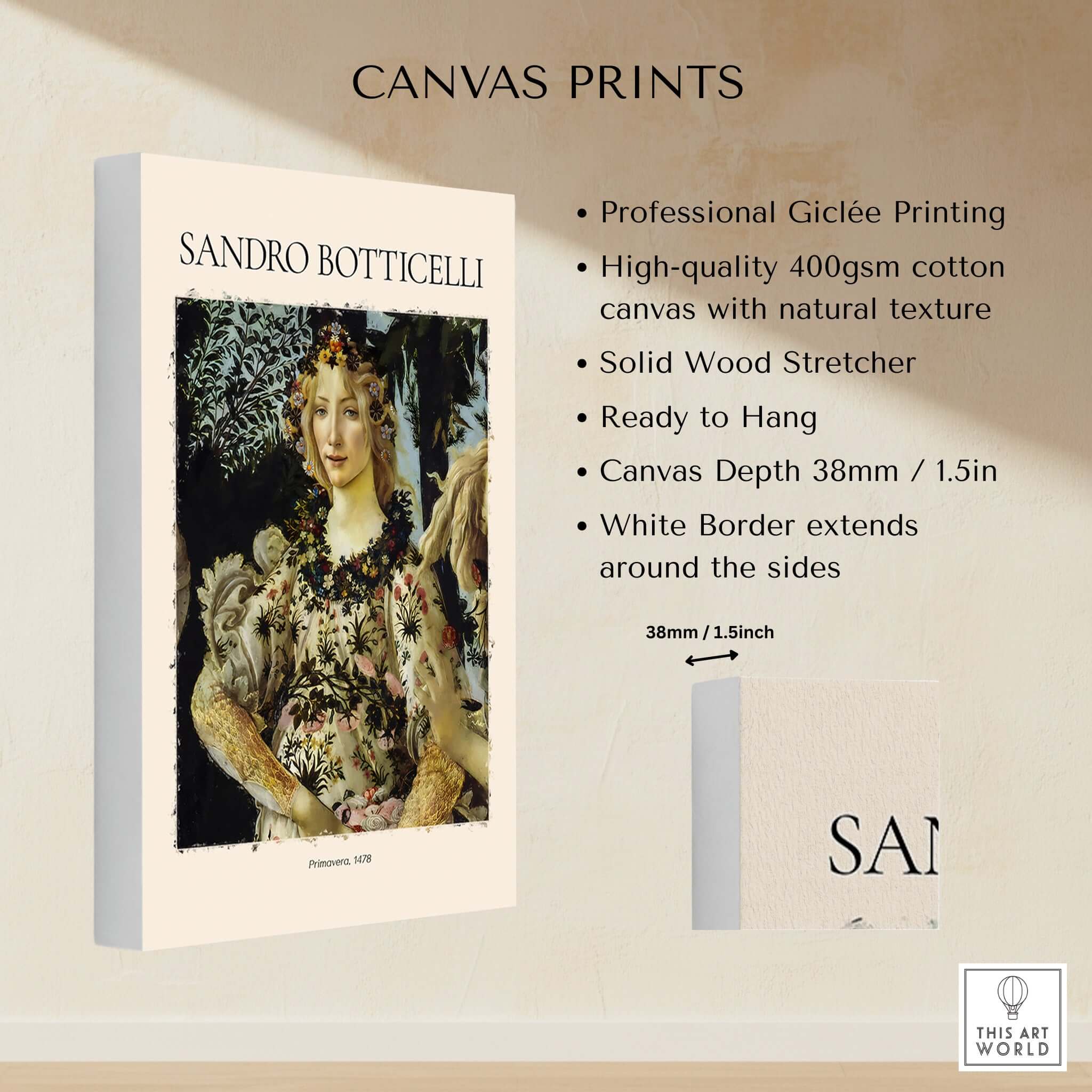 Botticelli Primavera Detail Flora Art Print Renaissance Allegory Spring Poster showcasing canvas print dimensions and features.