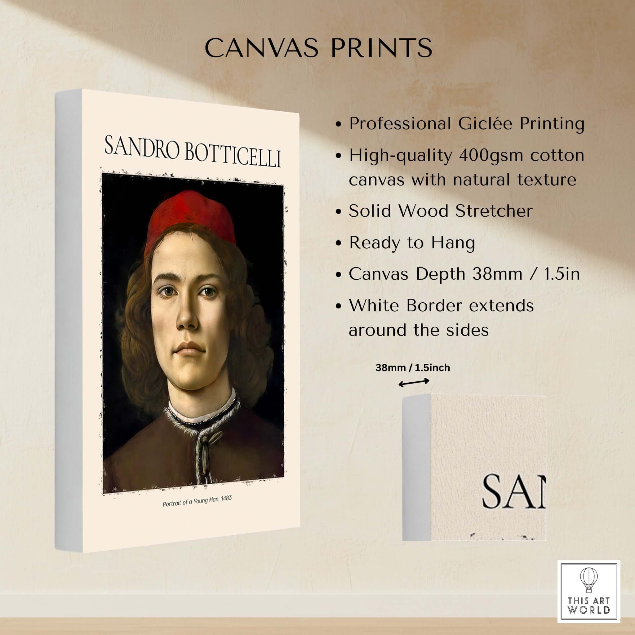 Botticelli Portrait Young Man Red Hat 1483 Art Print Renaissance Florentine Poster on high-quality canvas.