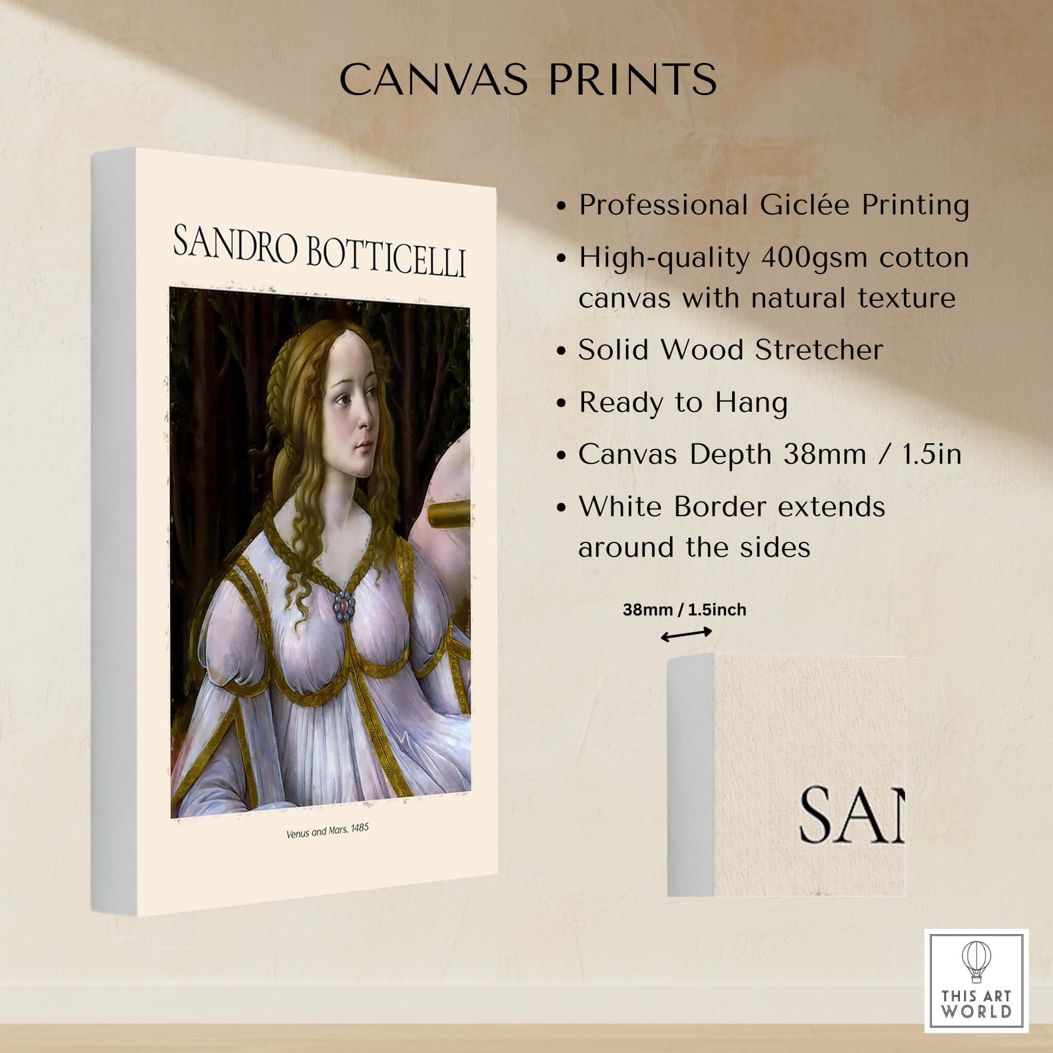 Botticelli Venus and Mars Detail Art Print Renaissance Portrait Poster Wall Art on canvas with high-quality Giclée printing.