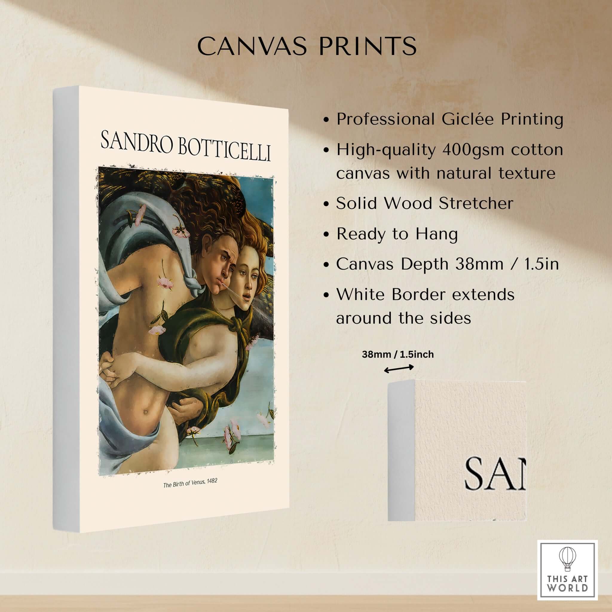 Botticelli Birth of Venus Detail Zephyr Aura Art Print Renaissance Mythology Poster displayed on canvas