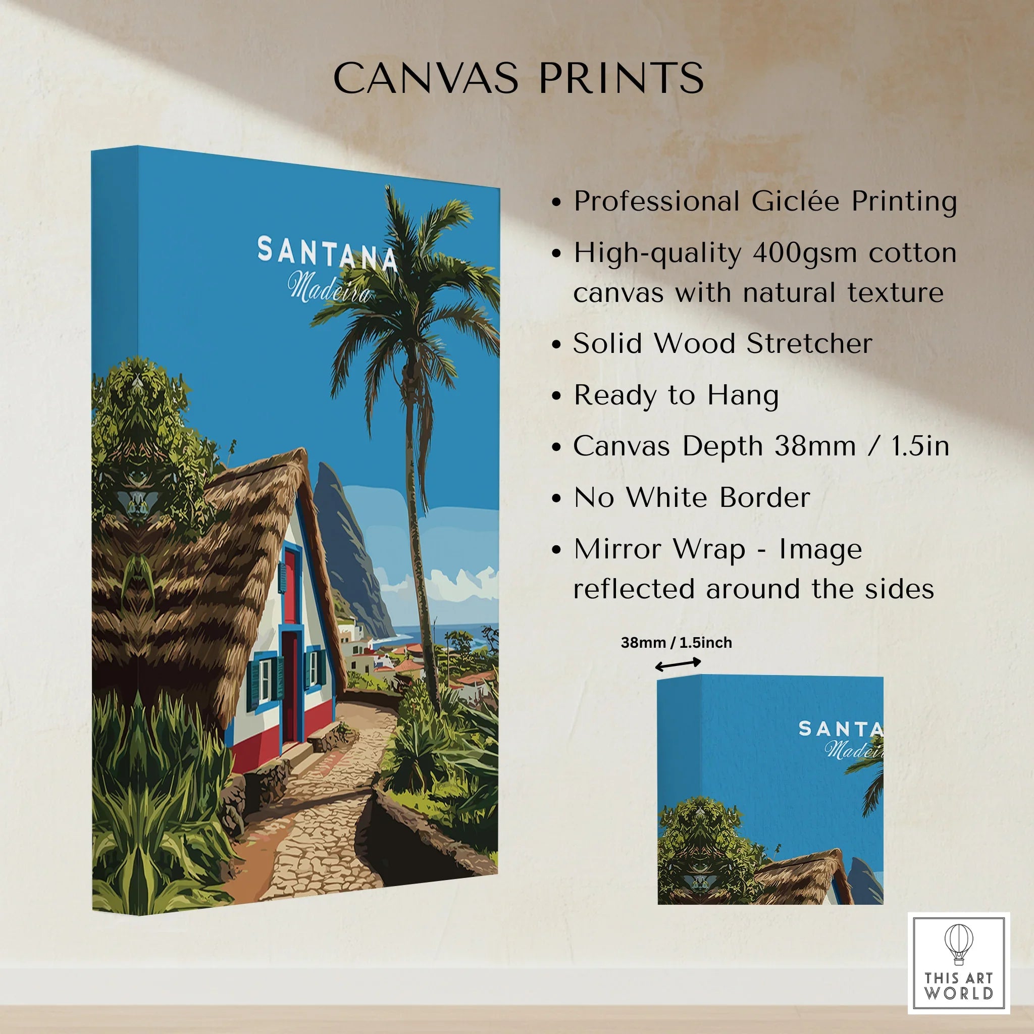 Santana Madeira travel poster stretched canvas print with cottage, palm tree, and blue sky