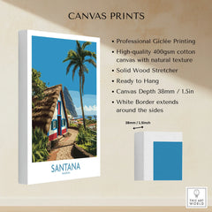 Santana Madeira canvas print with colorful cottage, palm tree, and mountain landscape, wall art details