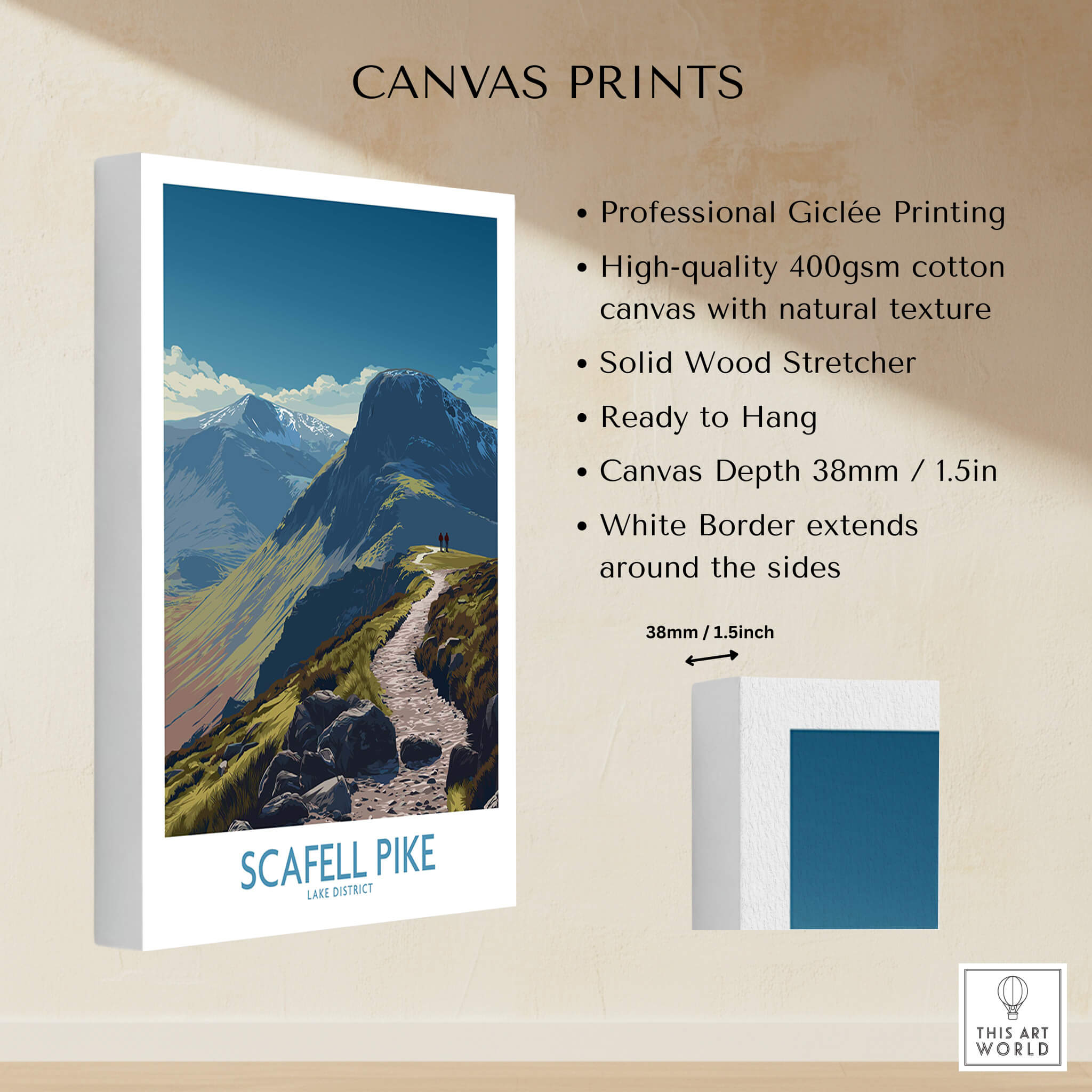 Scafell Pike Lake District Poster | Hiking Trail Landscape Canvas Print showcasing professional Giclée printing and solid wood stretcher.
