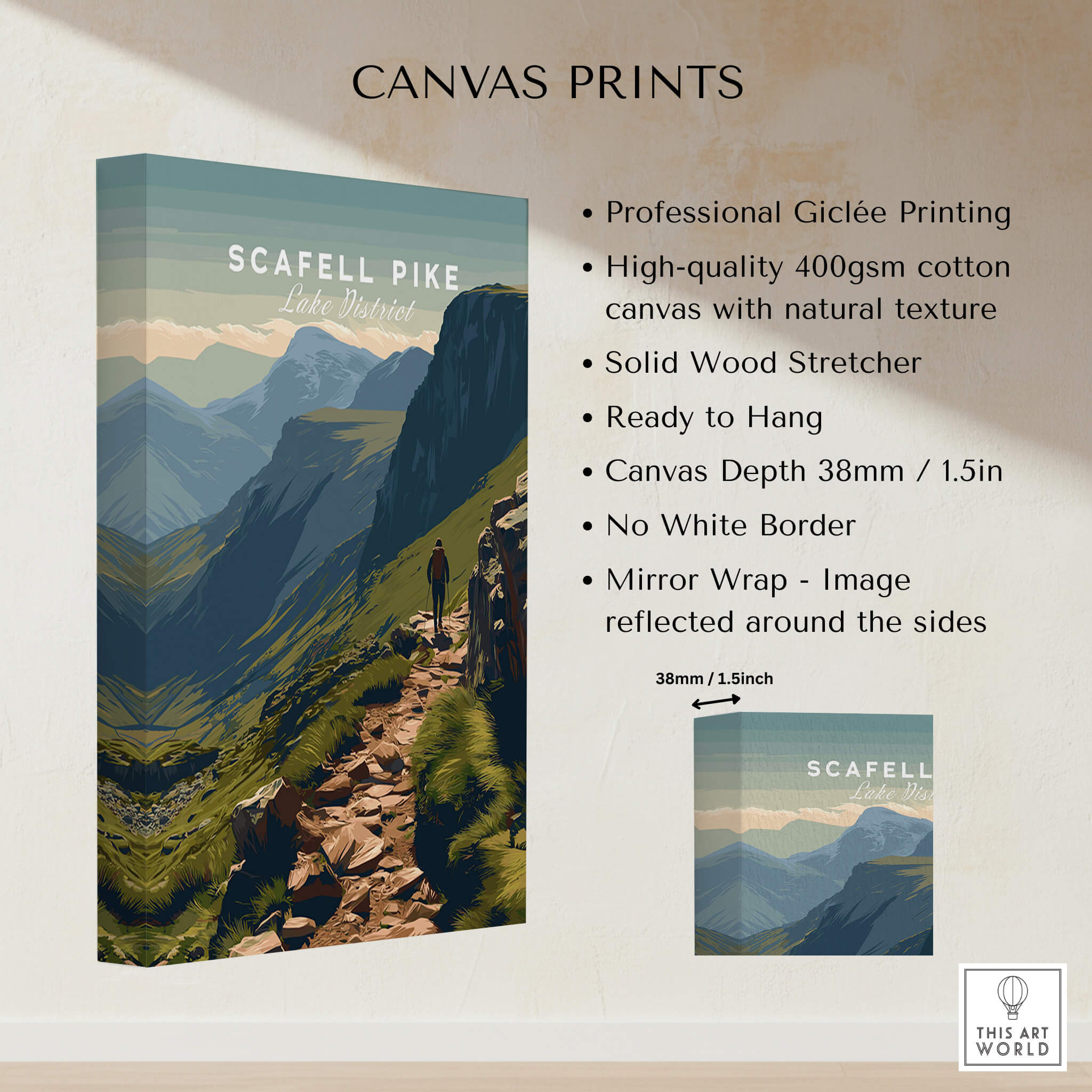 Scafell Pike Lake District Travel Poster | Mountain Valley View Wall Art Print showcasing stunning mountain and valley landscape.