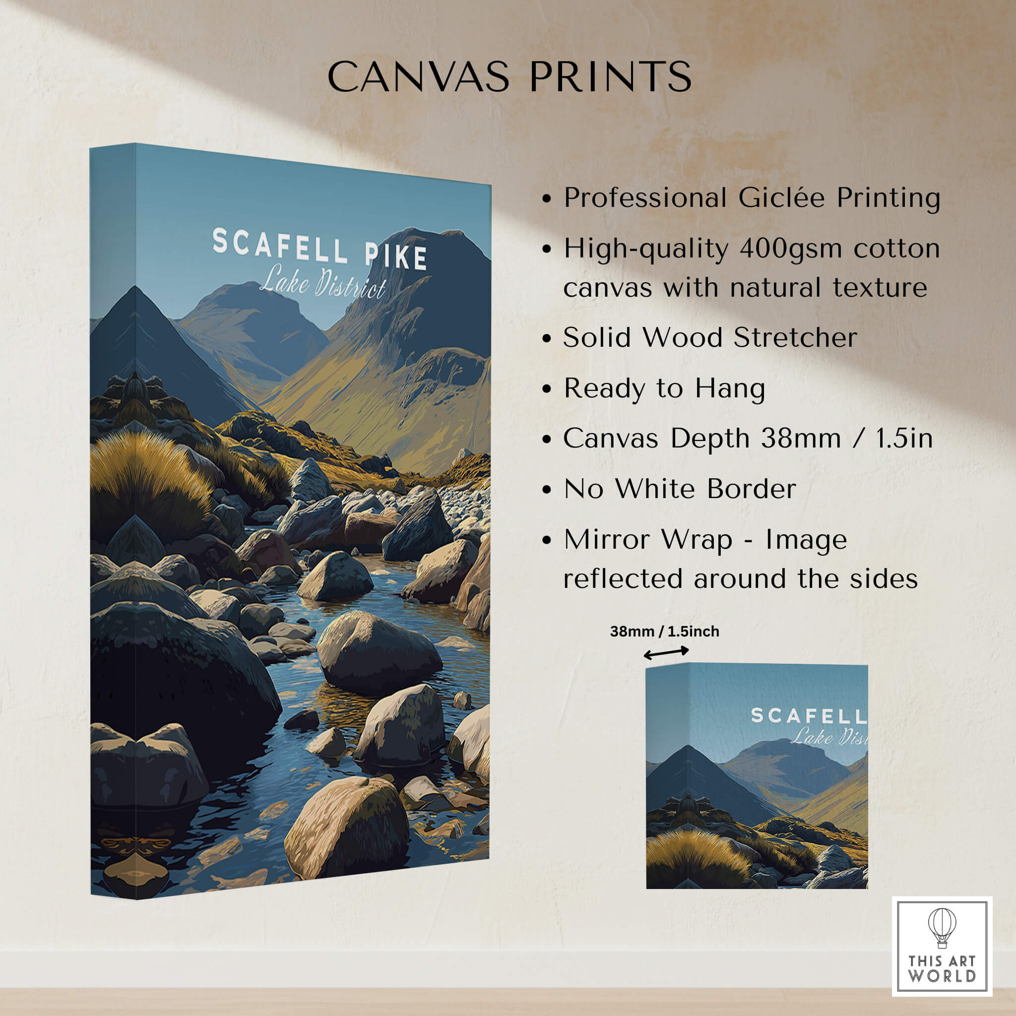 Scafell Pike Poster Lake District Wall Art Print features professional Giclée printing on high-quality canvas.
