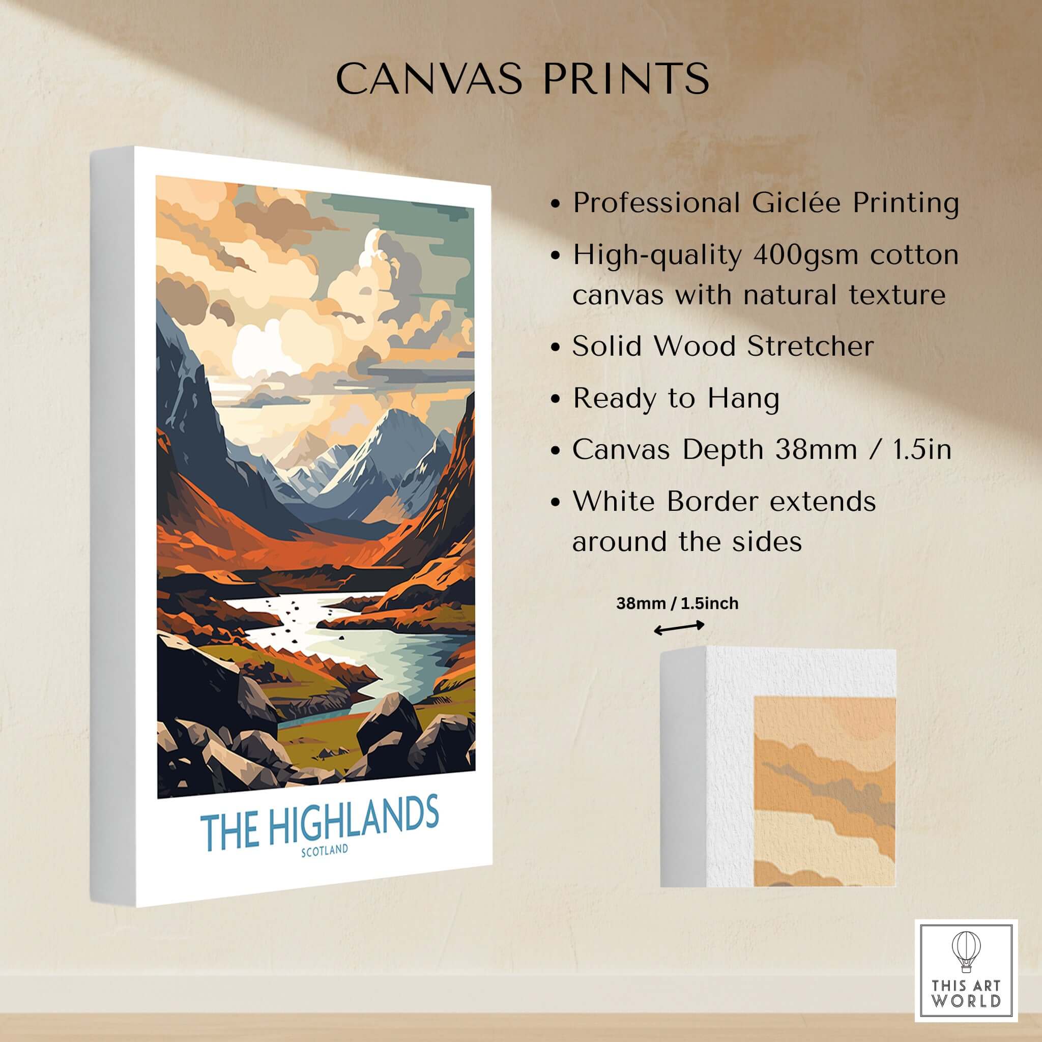 The Highlands Wall Art | Modern Style showcasing stunning Scottish landscape, Giclée printing, ready to hang decor.