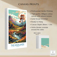 The Highlands Scotland Art Print displayed on canvas with vibrant colors and detailed landscape.