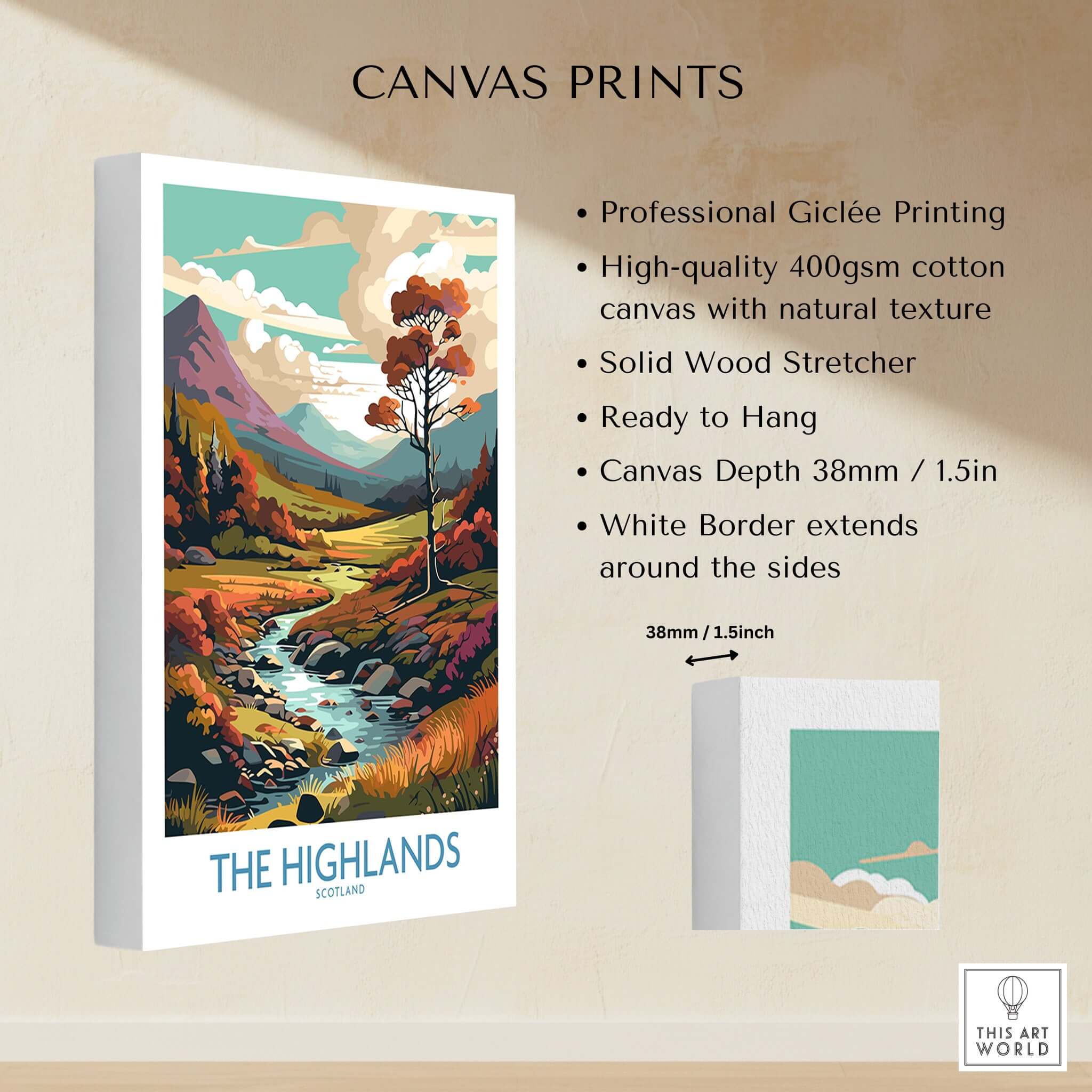 The Highlands Scotland Art Print displayed on canvas with vibrant colors and detailed landscape.