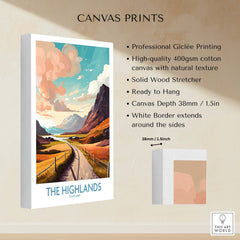 The Highlands Scotland Wall Art showcasing vibrant colors and stunning landscape details on quality canvas print.