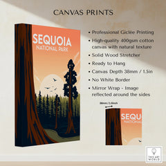 Sequoia National Park canvas print with sunset, trees, and product feature details listed.