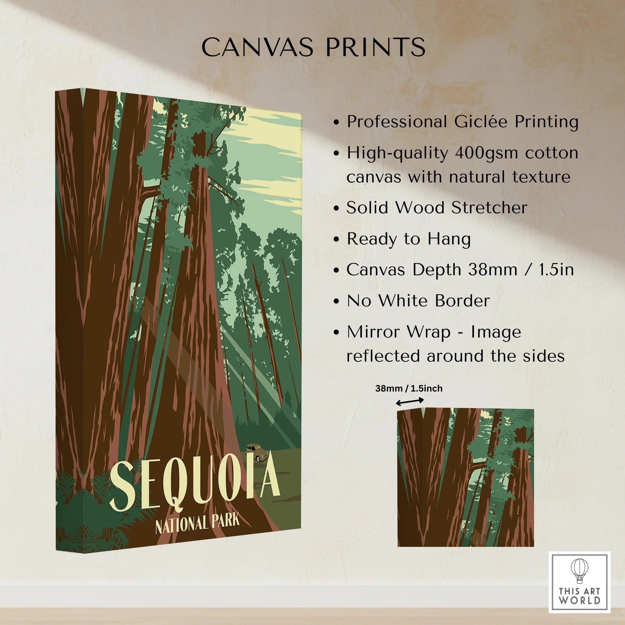 Sequoia National Park canvas print with tall trees, cotton canvas wall art, product details